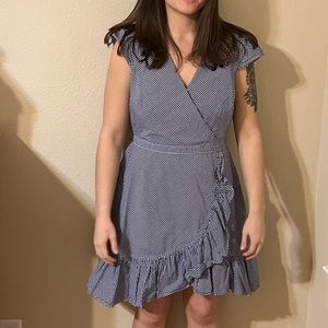 J. Crew Mini Dress Blue White Gingham Poplin Cotton Ruffled Faux Wrap V Neck